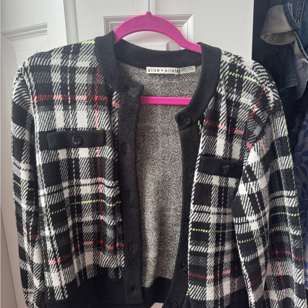 Alice + Olivia Black and White Plaid Cardigan